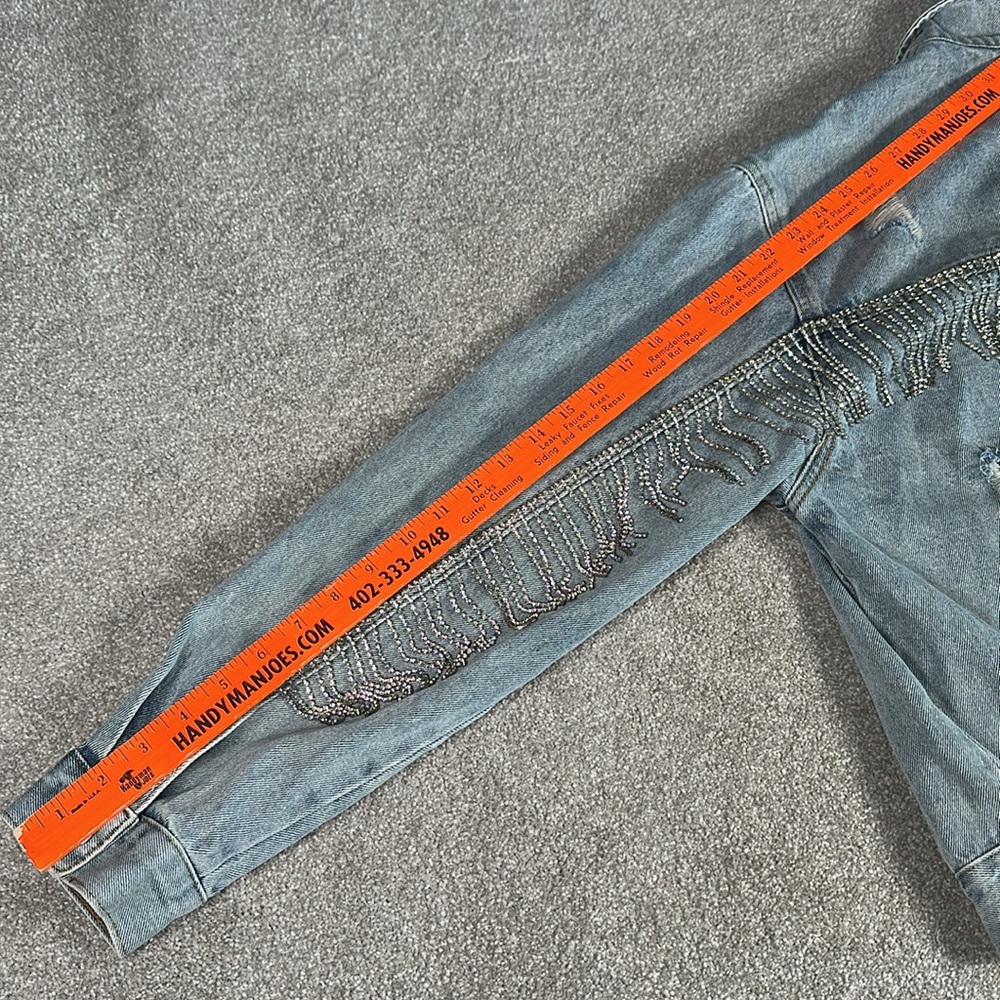 Distressed, rhinestone, fringe, jean jacket,‎ grunge, punk band rock - Picture 14 of 15